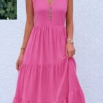 Kadın Askılı V Yakalı önden Düğmeli Midi Viskon Elbise