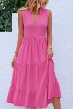 Kadın Askılı V Yakalı önden Düğmeli Midi Viskon Elbise