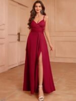 Kadın Ip Askılı Kruvaze Yakalı Yırtmaçlı Uzun Ithal Krep Elbise - Görsel 7