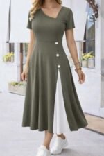 Kadın Kısa Kollu Asimetrik Yakalı Düğme Detaylı Midi Viskon Elbise