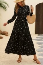 Kadın Uzun Kollu Hakim Yakalı Düğmeli Kuşaklı Desenli Maxi Mikro Süprem Elbise - Görsel 5