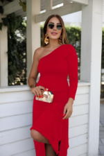 Kadın Uzun Kollu Tek Omuz Detay Krep Elbise - Görsel 2