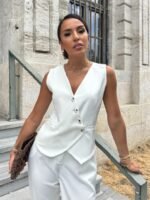 Kadın Sıfır Kollu çapraz V Yakalı önden Düğmeli Atlas Yelek Ve Pantolon Ikili Takım - Görsel 10