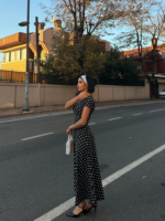 Kadın Kısa Kollu Bisiklet Yaka Puantiyeli Maksi örme Krep Elbise - Görsel 7