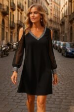 Kadın Uzun Kollu V Yaka Kollar Tül Yırtmaç Detay Kol Manşetleri Ve Yaka Payet Krep Elbise - Görsel 2