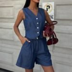 Gümüş Düğmeli Yelek Ve Şort Tensel Takım 10174