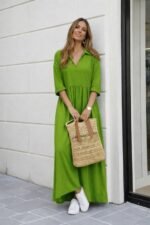 Kadın Truvakar Kollu V Yakalı Yırtmaçlı Uzun Aerobin Elbise - Görsel 3