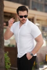 Erkek Ottoman Kumaş Apaj Yaka Kısa Kollu Gömlek - Görsel 2