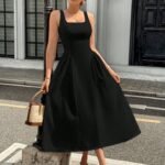 Kadın Askılı Kare Yakalı Uzun Ithal Krep Elbise