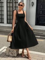 Kadın Askılı Kare Yakalı Uzun Ithal Krep Elbise