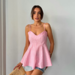 ÇİZGİLİ GOFRE ASKILI PENS DETAYLI BLUZ - Pembe