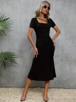 Kadın Kısa Kollu Kare Yakalı Ip Detaylı Janjan Krep Elbise - Görsel 3