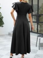 Kadın Kısa Kollu Kruvaze Yakalı ön Asimetrik Volanlı Uzun Ithal Krep Elbise - Görsel 5