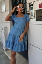 Kare Yakalı Ve Gipe Detaylı Tensel Elbise 2883 - Görsel 5