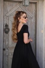 Kadın Kısa Kollu Yuvarlak Yaka önden Yırtmaçlı Cepli Viskon Uzun Elbise - Görsel 2