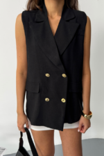 GOLD DÜĞMELİ KETEN YELEK - Siyah - Görsel 3