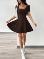 Kadın Kısa Kollu Kare Yaka Short Detaylı Cepli Dalgıç Elbise - Görsel 6