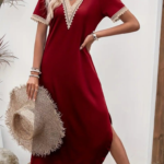 Kadın Kısa Kollu Dantel V Yakalı Uzun Viskon Elbise