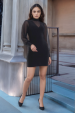 Kadın Balıkçı Yaka Transparan Detay Fırsat ürün Sandy Kumaş Mini Elbise - Görsel 6