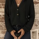 Kadın Uzun Kollu Kapşonlu önü Düğmeli Ve Bağcıklı Waffle Bluz