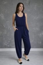 Kadın Askılı Yuvarlak Yakalı Cepli Viskon Tulum - Görsel 2