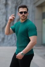 Erkek Kısa Kollu Bisiklet Yaka çizgili Triko Tişört - Görsel 2