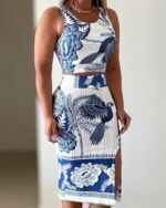 Kadın Sıfır Kollu Yuvarlak Yaka çiçekli Desenli Süprem Crop Ve Yırtmaçlı Etek Ikili Takım