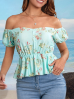 Kadın Kısa Kollu Madonna Yaka çiçek Desenli Düğme Detay Gipeli Süprem Kumaş Bluz - Görsel 10