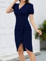 Kadın Kısa Kollu V Yakalı önden Fırfırlı Ithal Krep Elbise - Görsel 3