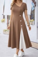 Kadın Kısa Kollu Asimetrik Yakalı Düğme Detaylı Midi Viskon Elbise - Görsel 2