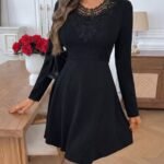 Kadın Uzun Kollu Yakası Dantelli Mini Ithal Krep Elbise