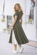 Kadın Kısa Kollu Asimetrik Yakalı Düğme Detaylı Midi Viskon Elbise - Görsel 3