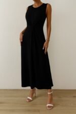 Kadın Sıfır Kollu Bisiklet Yaka Yandan Büzgü Detaylı Viskon Elbise