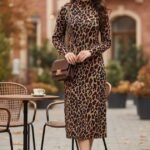 Kadın Uzun Kollu Balıkçı Yaka Leopar Desenli Midi Boy Elbise