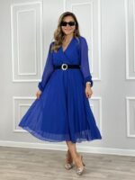 Kadın şifon Kumaş Astalı Kloş Kesim Kruvaze Yaka Midi Boy Elbise - Görsel 3