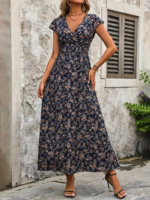 Kadın Kısa Kollu Kruvaze Yakalı çiçek Desenli Belden Lastikli Süprem Uzun Elbise - Görsel 2