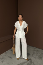 KETEN V YAKA BELDEN BAĞLAMALI BLUZ-PANTOLON TAKIM - Beyaz - Görsel 2