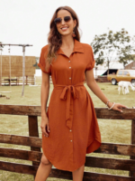 Kadın Kısa Kollu Yakalı önden Düğmeli Beli Kuşaklı Bürümcük Elbise - Görsel 6