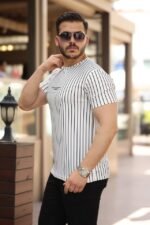 Erkek Dikey çizgili Ottoman Kumaş Kısa Kollu T-shirt - Görsel 2