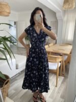 Kadın Kısa Kollu Kruvaze Yakalı Beli Lastikli çiçek Desenli Elbise - Görsel 2