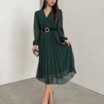 Kadın şifon Kumaş Astalı Kloş Kesim Kruvaze Yaka Midi Boy Elbise