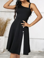 Kadın Tek Omuzu şerit Detaylı Kolsuz Yandan Düğme Detaylı Viskon Elbise - Görsel 3