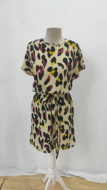 Kadın Kısa Kollu Yuvarlak Yaka Beli Kuşaklı Geometrik Desenli Süprem Elbise - Görsel 4