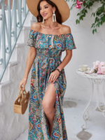 Kadın Kısa Kollu Madonna Yaka Fırfırlı Belden Yırtmaçlı Maksi Süprem Elbise - Görsel 6