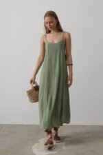 Askılı Uzun Çan Elbise - Haki - Görsel 3
