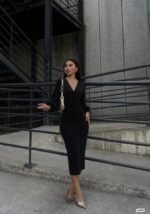 Kadın Uzun Kollu Kruvaze Yaka Büzgü Ve Balon Kol Detay Krep Kumaş Maxi Boy Simli Elbise - Görsel 3