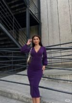 Kadın Kruvaze Yaka Balon Kol Simli Krep Kumaş Midi Boy Elbise - Görsel 2