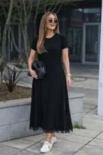 Kadın Kısa Kollu Bisiklet Yaka Yandan Yırtmaçlı Dantel Detaylı Uzun Viskon Elbise - Görsel 3