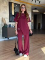 Kadın Kısa Kollu Bisiklet Yaka Asimetrik Viskon Iki Iplik Bluz Ve Pantolon Ikili Takım - Görsel 7