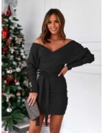 Kadın Uzun Kollu Kruvaze Yaka Bağcık Detay Akrilik Mini Boy Elbise - Görsel 12